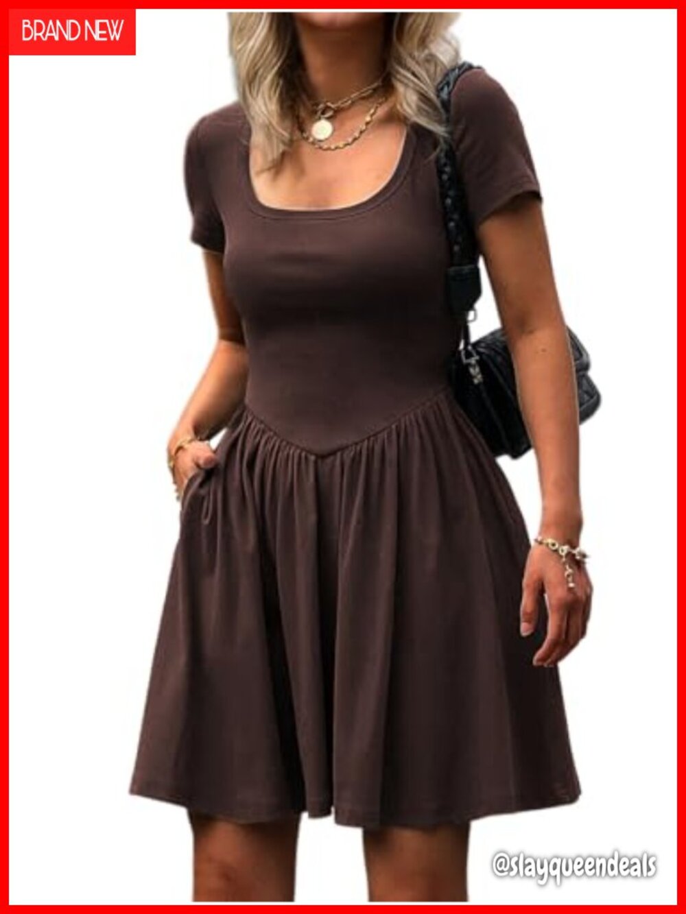 Women's Summer Casual Short Sleeve Mini Dress Square Neck A Line Pleated Swing